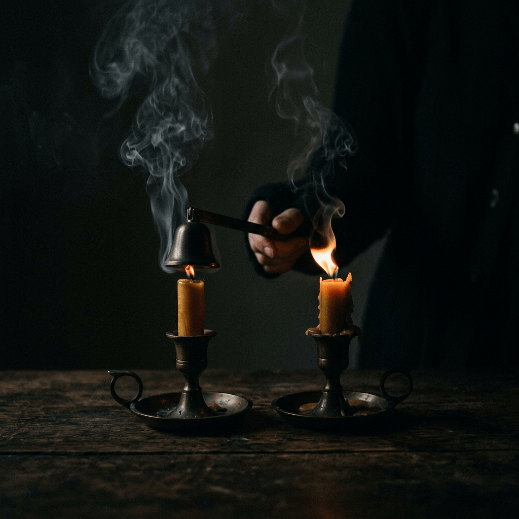 Hand extinguishing candle flame with bell-shaped snuffer