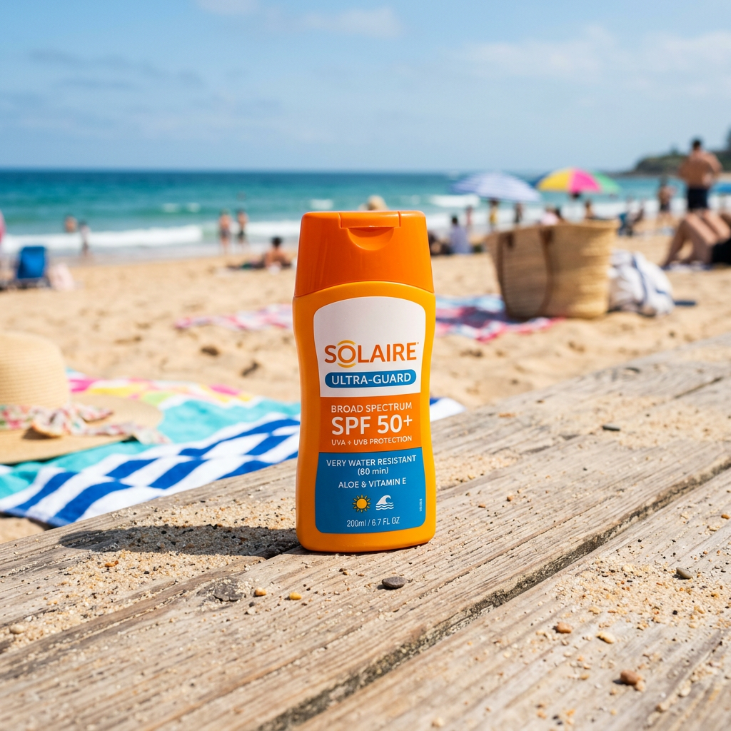 Orange sunscreen bottle with SPF 50+ placed on a wooden boardwalk at the beach