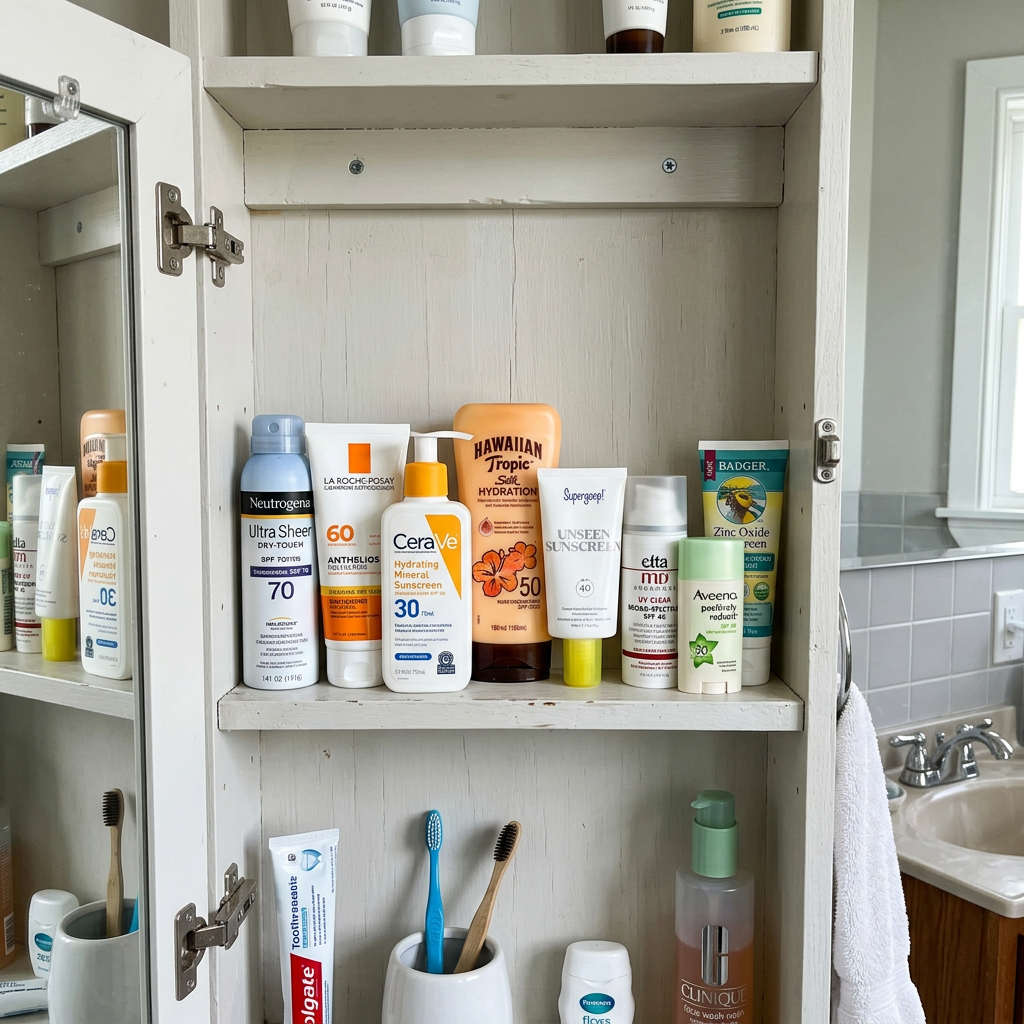 Various sunscreen bottles and tubes lined up on a wooden bathroom cabinet shelf