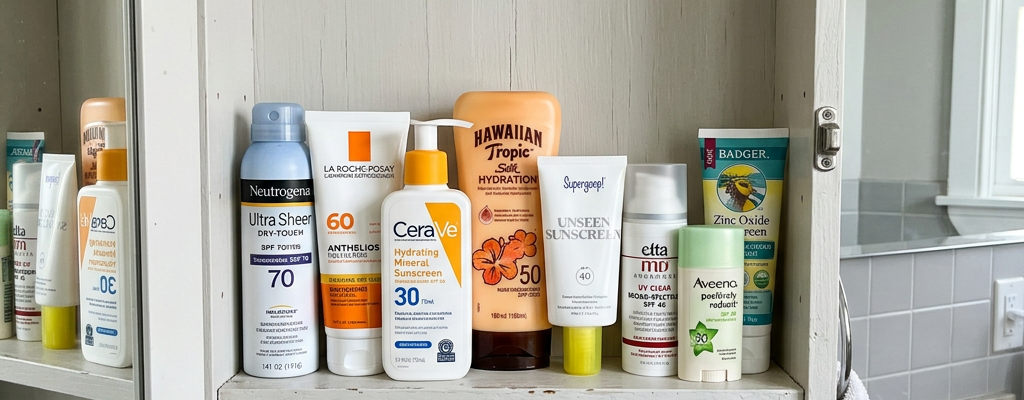 Various sunscreen bottles and tubes lined up on a wooden bathroom cabinet shelf