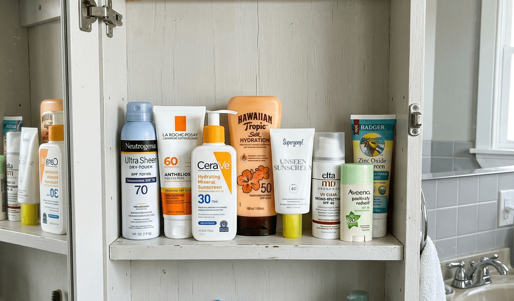 Various sunscreen bottles and tubes lined up on a wooden bathroom cabinet shelf