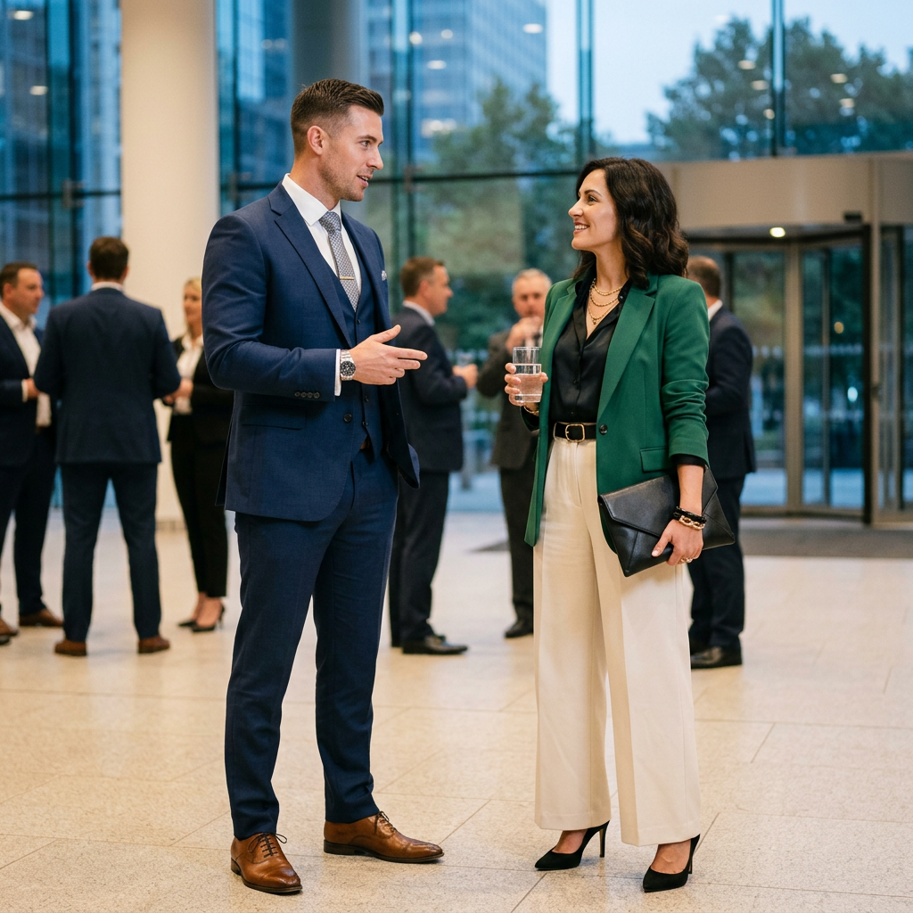 A man in a blue suit talking to a woman in a green blazer holding a glass of water