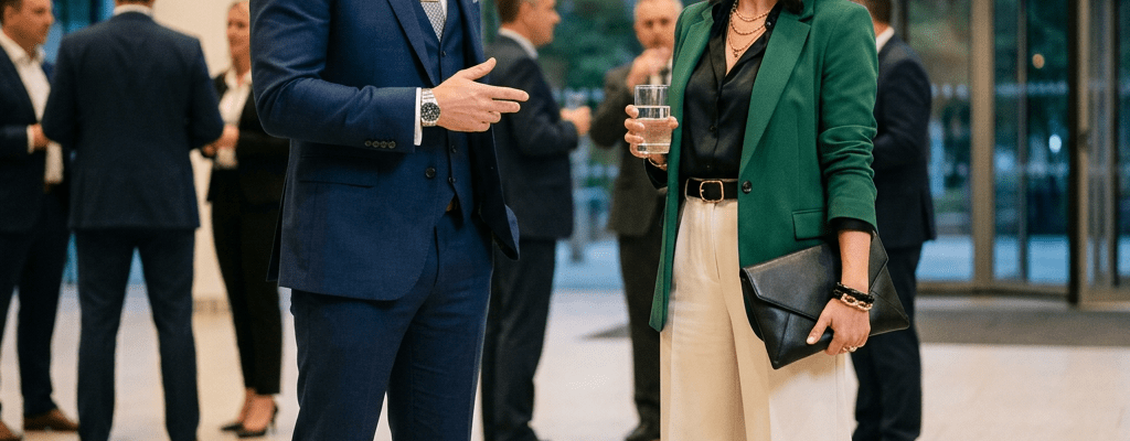 A man in a blue suit talking to a woman in a green blazer holding a glass of water