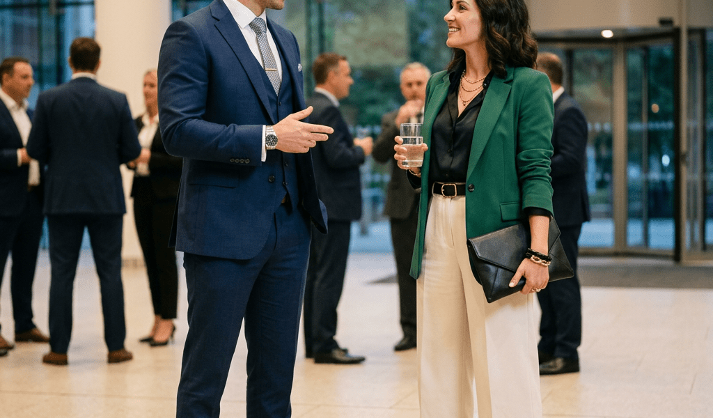 A man in a blue suit talking to a woman in a green blazer holding a glass of water