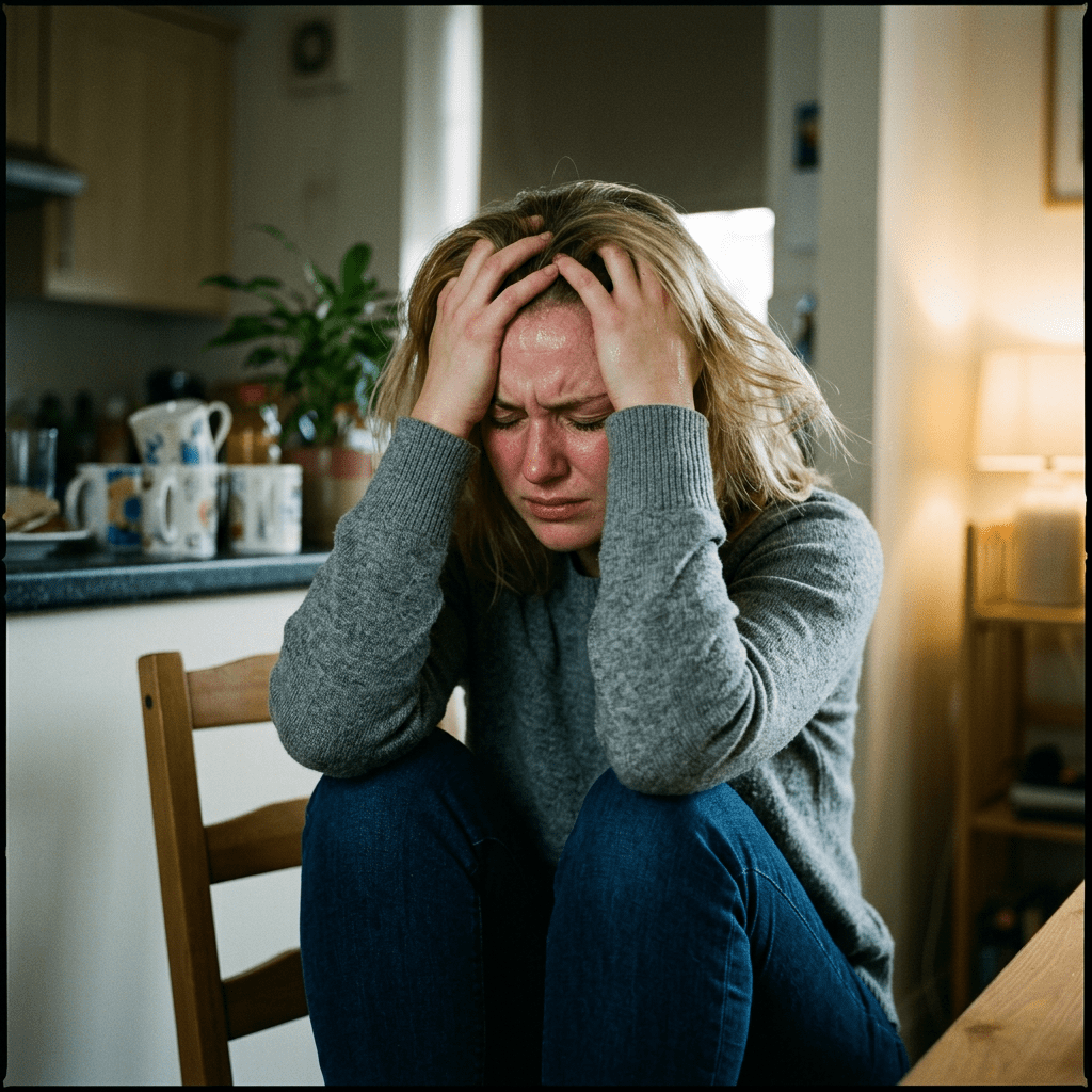 Woman sitting on chair in kitchen with head in hands, looking distressed
