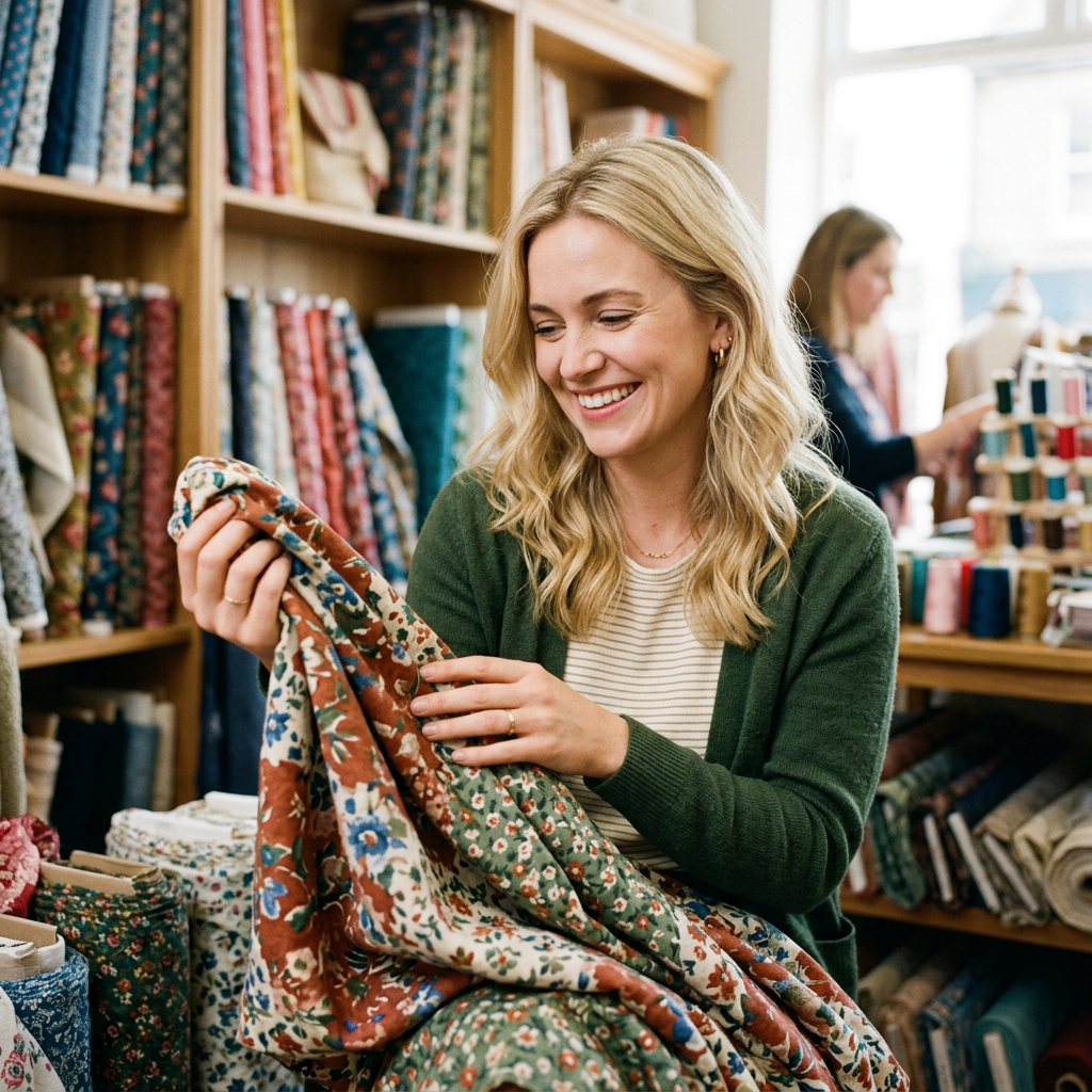 Smiling woman holding and inspecting floral fabric indoors in fabric shop