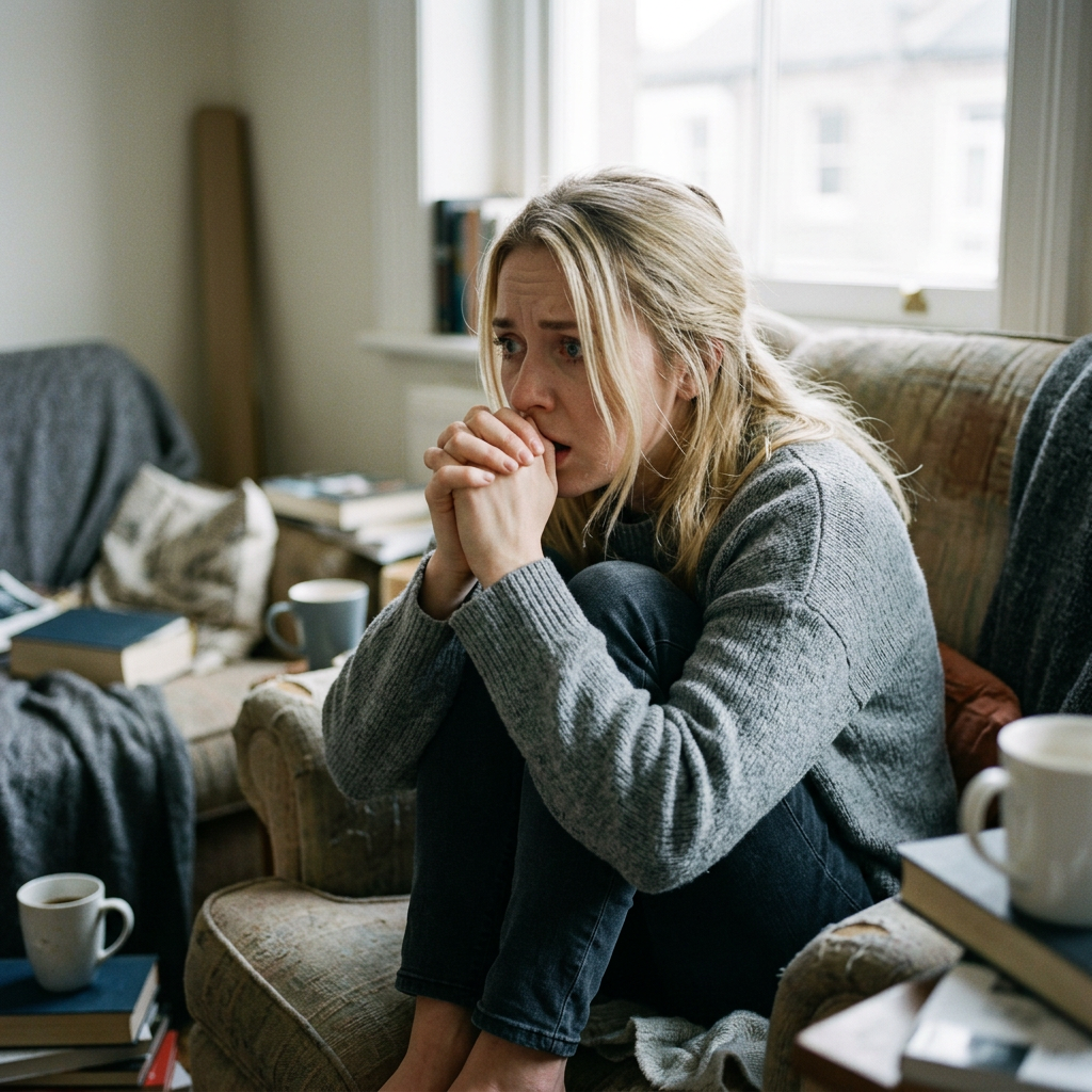 Woman sitting curled on couch with hands near mouth, looking anxious