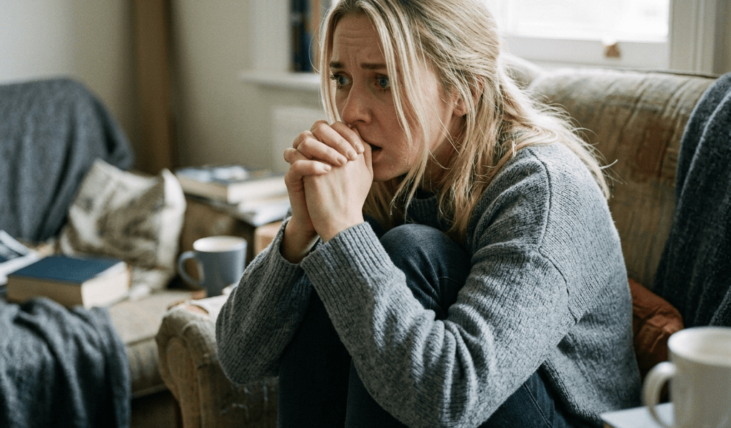 Woman sitting curled on couch with hands near mouth, looking anxious