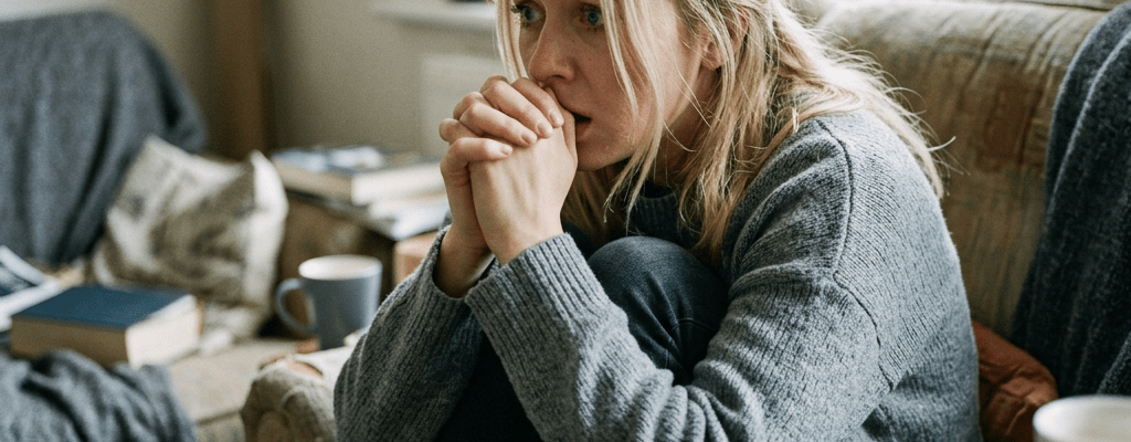 Woman sitting curled on couch with hands near mouth, looking anxious