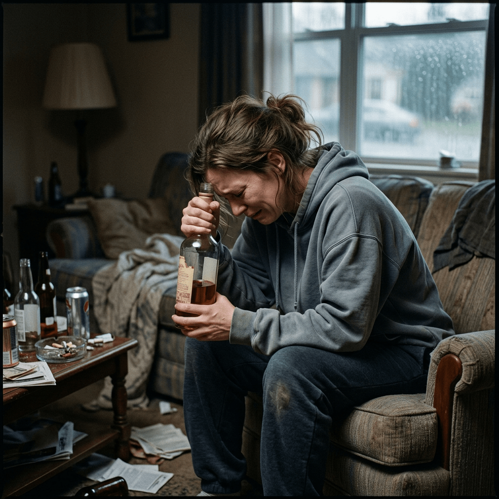 A woman crying and holding a bottle of alcohol in a messy living room