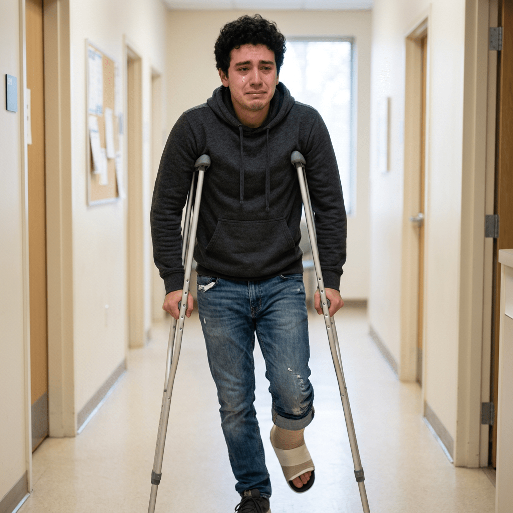 Young man on crutches with a bandaged foot walking in a hallway, looking distressed and teary-eyed
