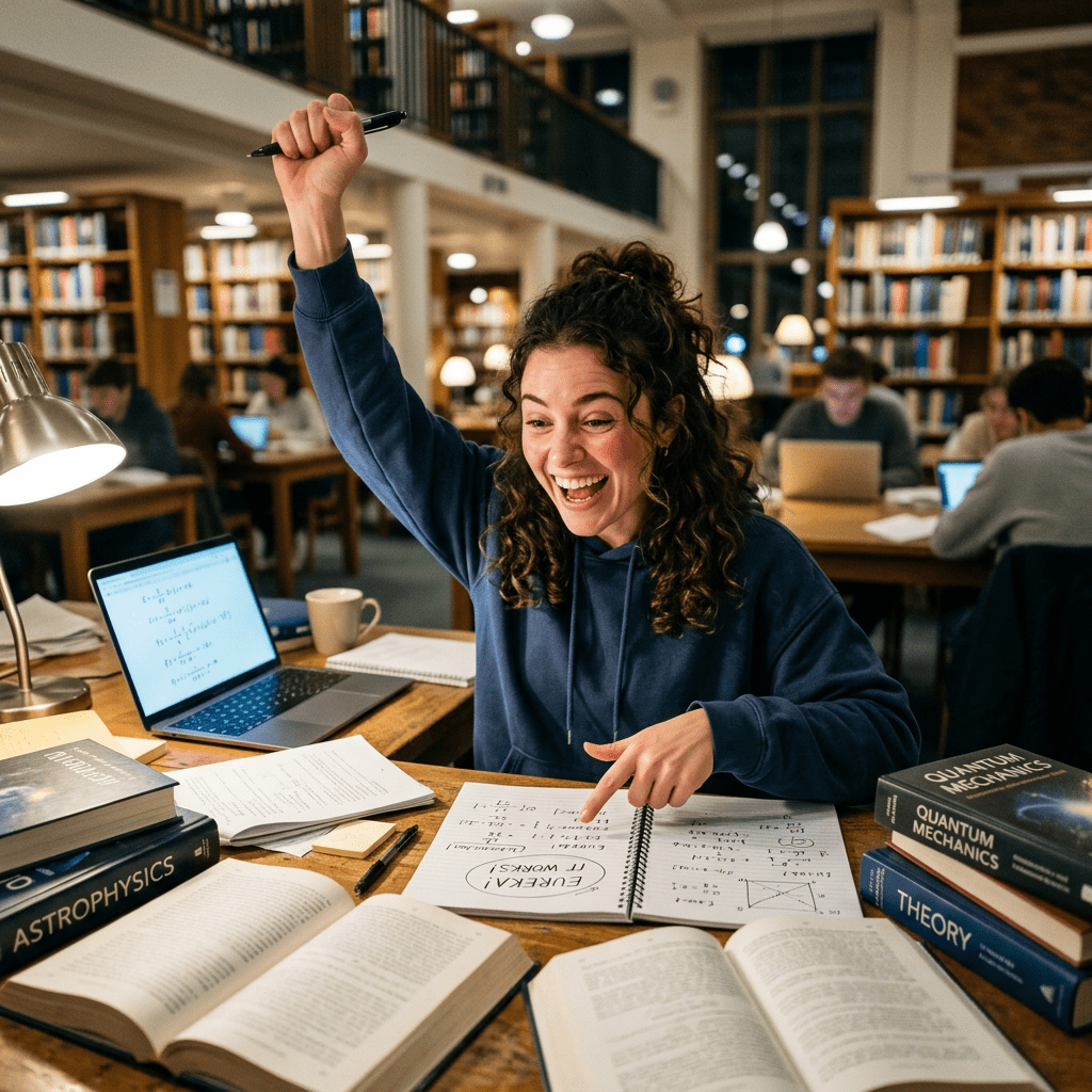 Excited student raising hand surrounded by physics textbooks and notes in a library