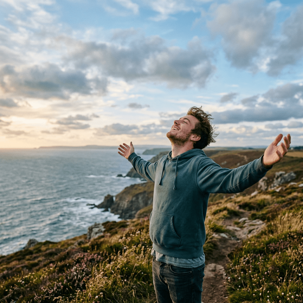 Man in a green hoodie standing on coastal cliff with arms outstretched, facing the ocean and smiling