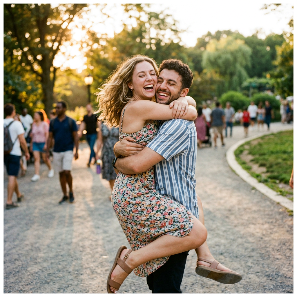 Couple hugging and smiling in a crowded park path during sunset