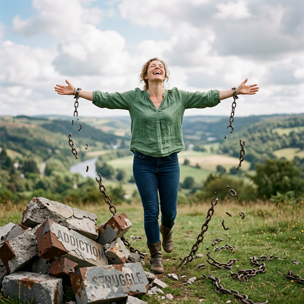 Woman breaking free from chains labeled addiction and struggle outdoors
