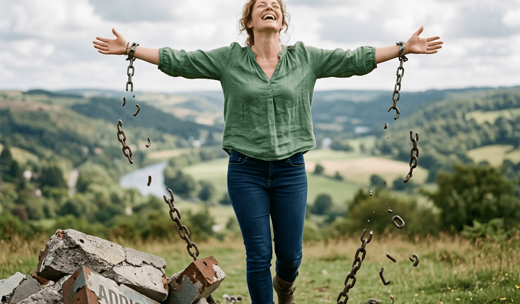 Woman breaking free from chains labeled addiction and struggle outdoors