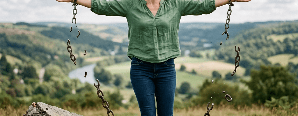 Woman breaking free from chains labeled addiction and struggle outdoors