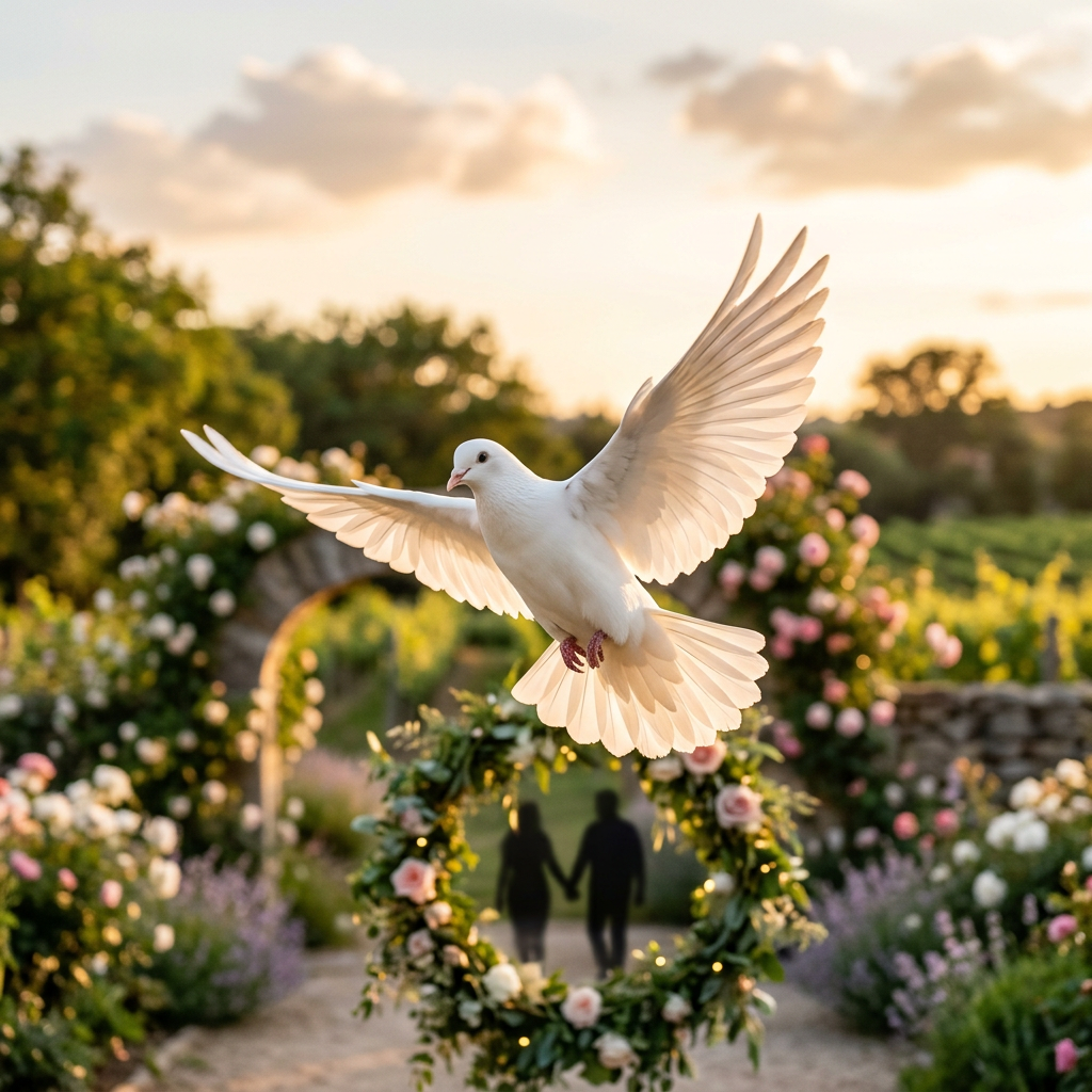 White dove flying over a floral wreath with a couple holding hands in a garden