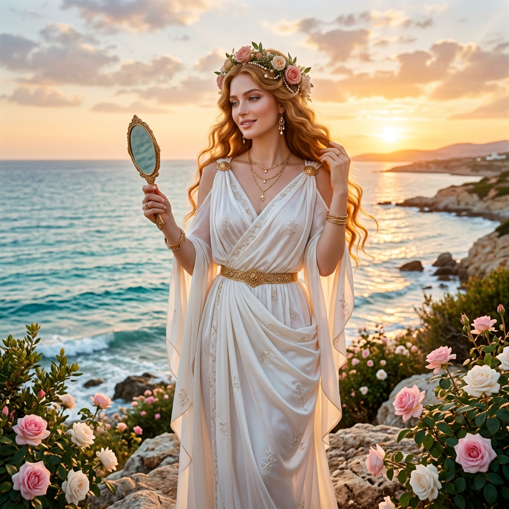Woman in white flowing dress with floral crown holding vintage hand mirror near seaside at sunset