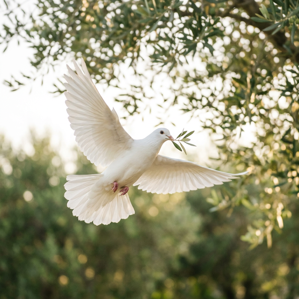 White dove flying with olive branch in beak against green foliage background