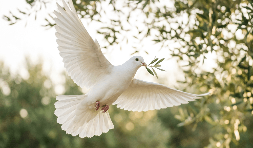 White dove flying with olive branch in beak against green foliage background