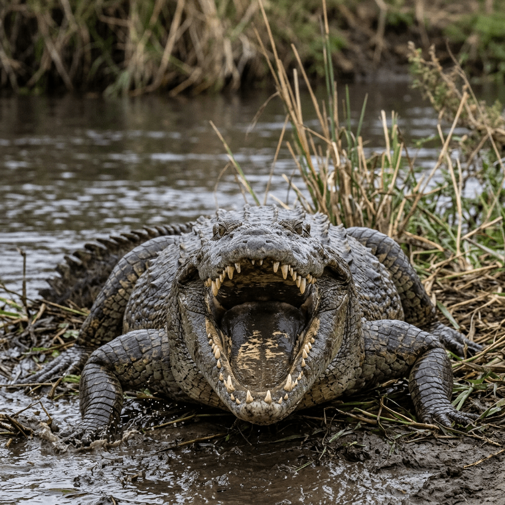 Crocodile on muddy riverbank with mouth open showing sharp teeth