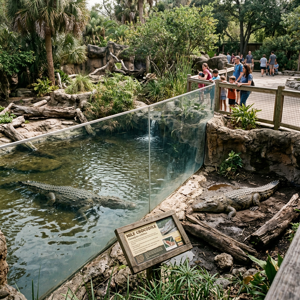 Nile crocodile enclosure with one crocodile in water and another on land, visitors watching from behind a fence
