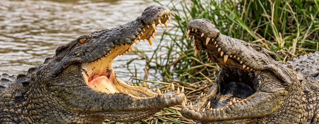 Two crocodiles with open jaws facing each other on muddy riverbank