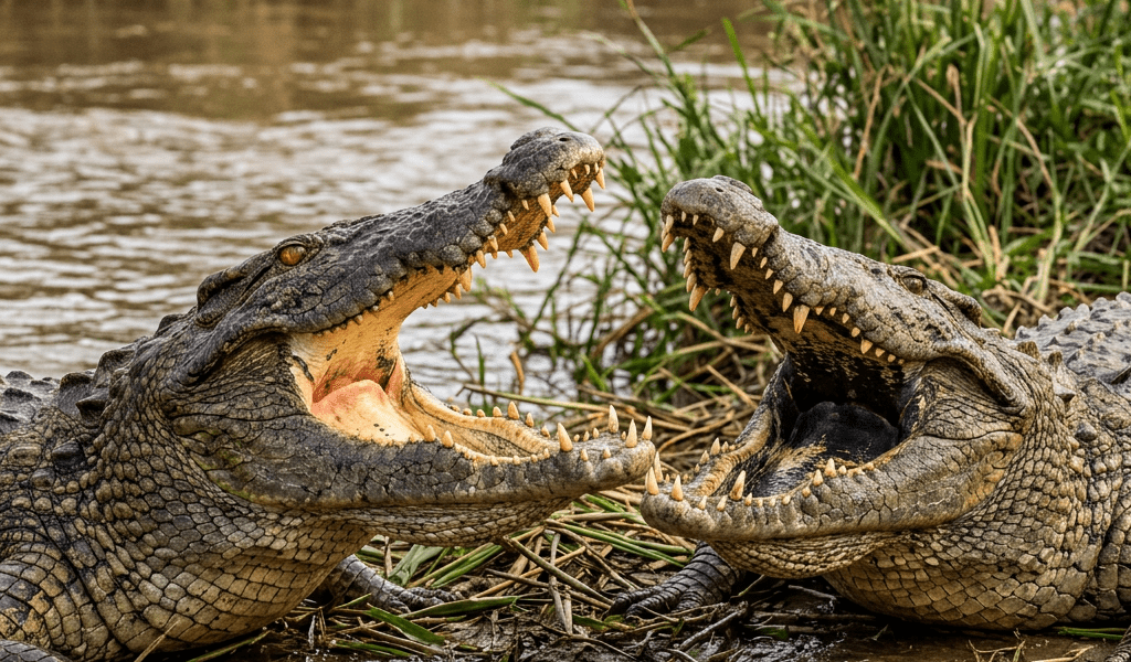 Two crocodiles with open jaws facing each other on muddy riverbank
