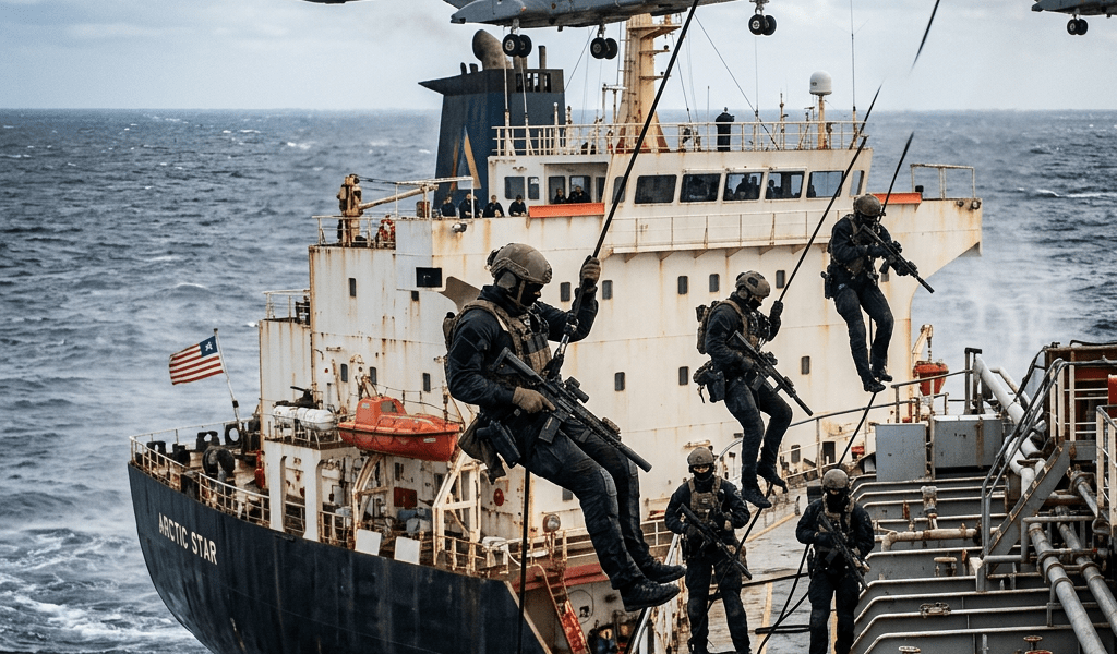 Special forces rappelling onto cargo ship from helicopter during maritime boarding operation