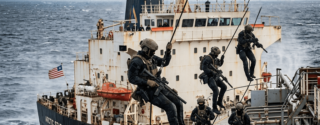 Special forces rappelling onto cargo ship from helicopter during maritime boarding operation