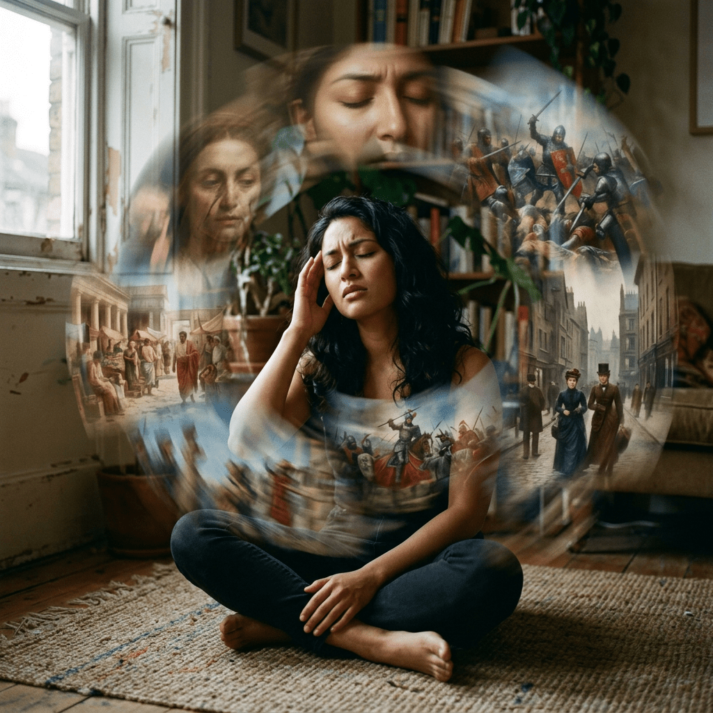 A woman sitting cross-legged holding her head in pain with swirling historical images around her