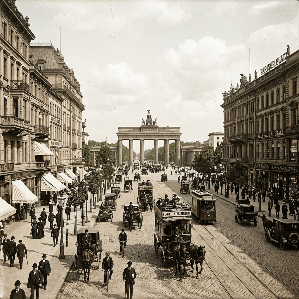 Busy street in Berlin with horse-drawn carriages, early cars, trams, cyclists, and pedestrians near Brandenburg Gate