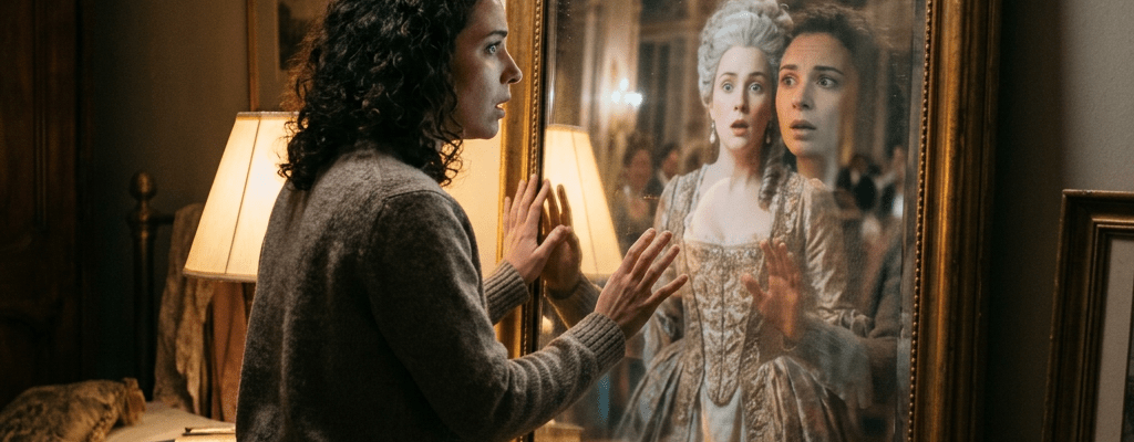Woman looking into a mirror, reflection shows her as a woman in 18th century royal attire.