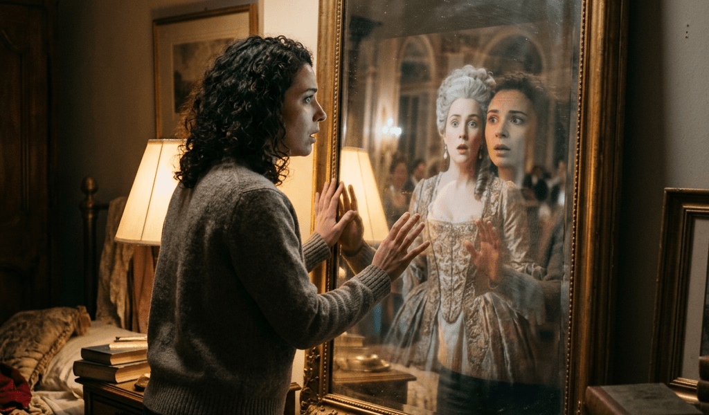 Woman looking into a mirror, reflection shows her as a woman in 18th century royal attire.