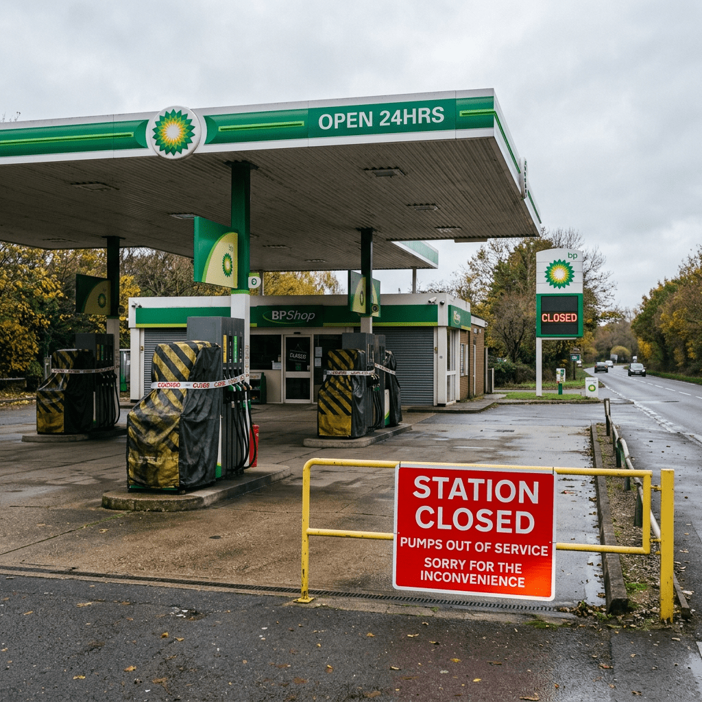 BP gas station with covered pumps and red closed signs