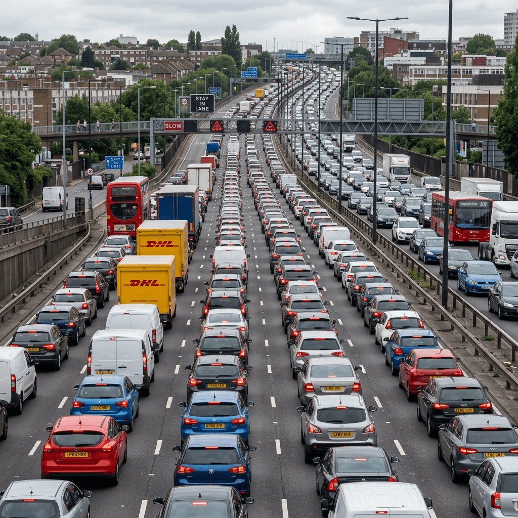 Multiple lanes of stopped or slow-moving cars and trucks in heavy traffic congestion