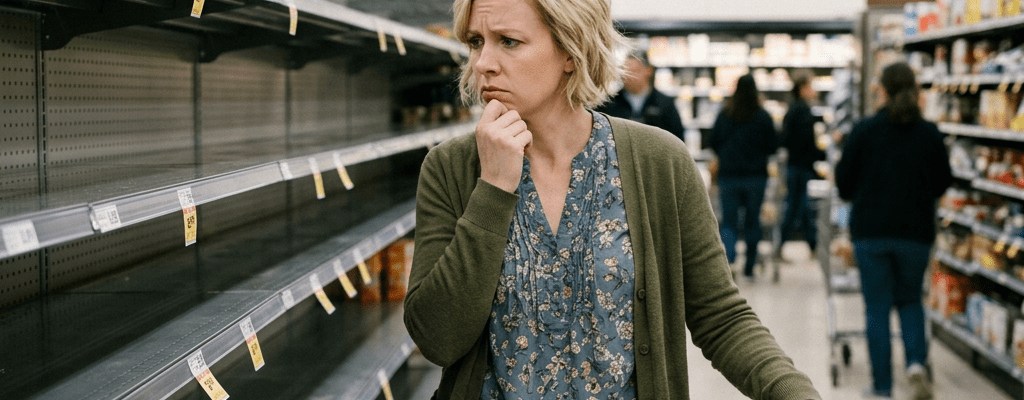 Woman looking concerned at empty grocery store dairy shelves with a shopping cart containing eggs and bread