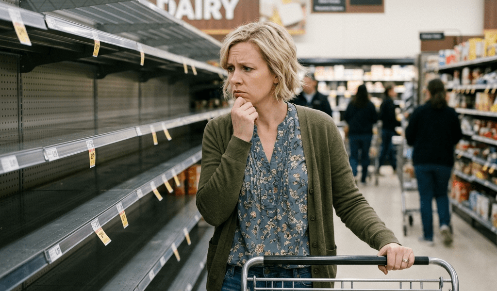 Woman looking concerned at empty grocery store dairy shelves with a shopping cart containing eggs and bread