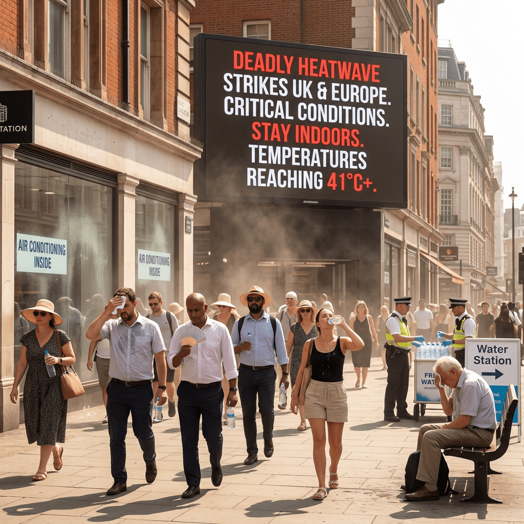 City pedestrians staying hydrated during a deadly heatwave with water station and warning sign