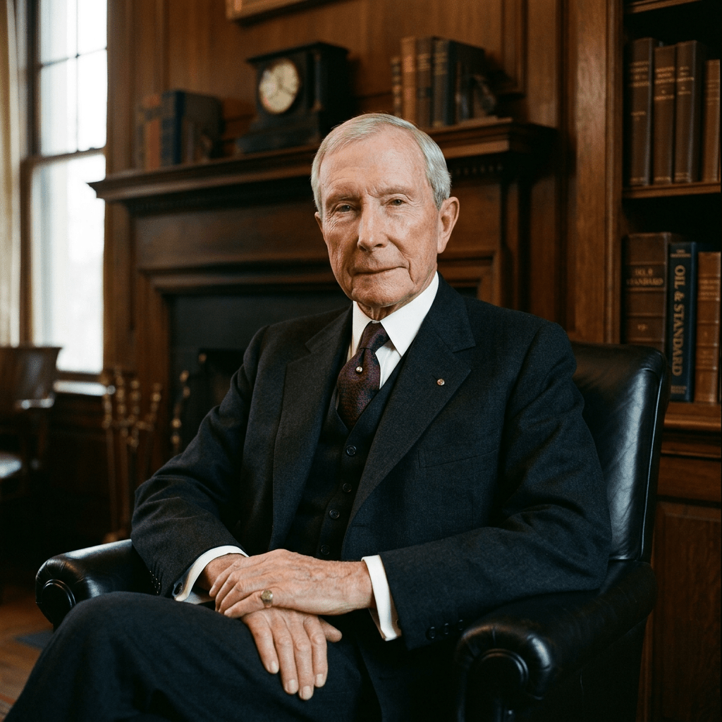 Elderly man in dark suit sitting in leather chair in wood-paneled office