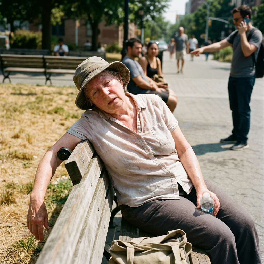 Elderly woman wearing a hat sitting on a park bench holding a water bottle
