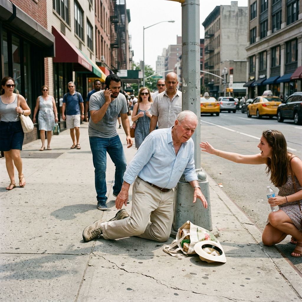 Elderly man collapsing from heatstroke on street