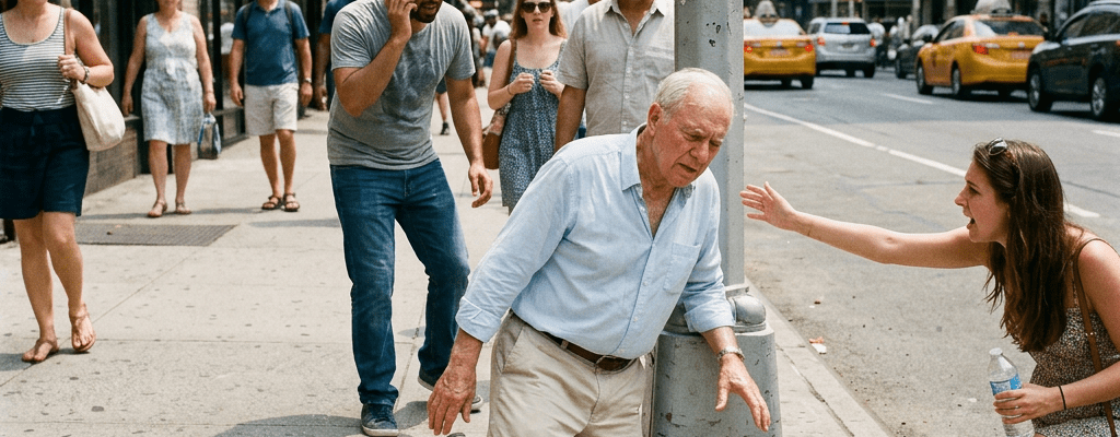 Elderly man collapsing from heatstroke on street