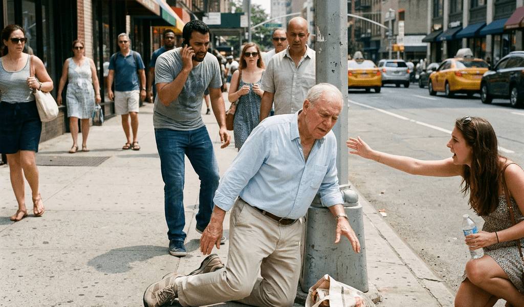 Elderly man collapsing from heatstroke on street