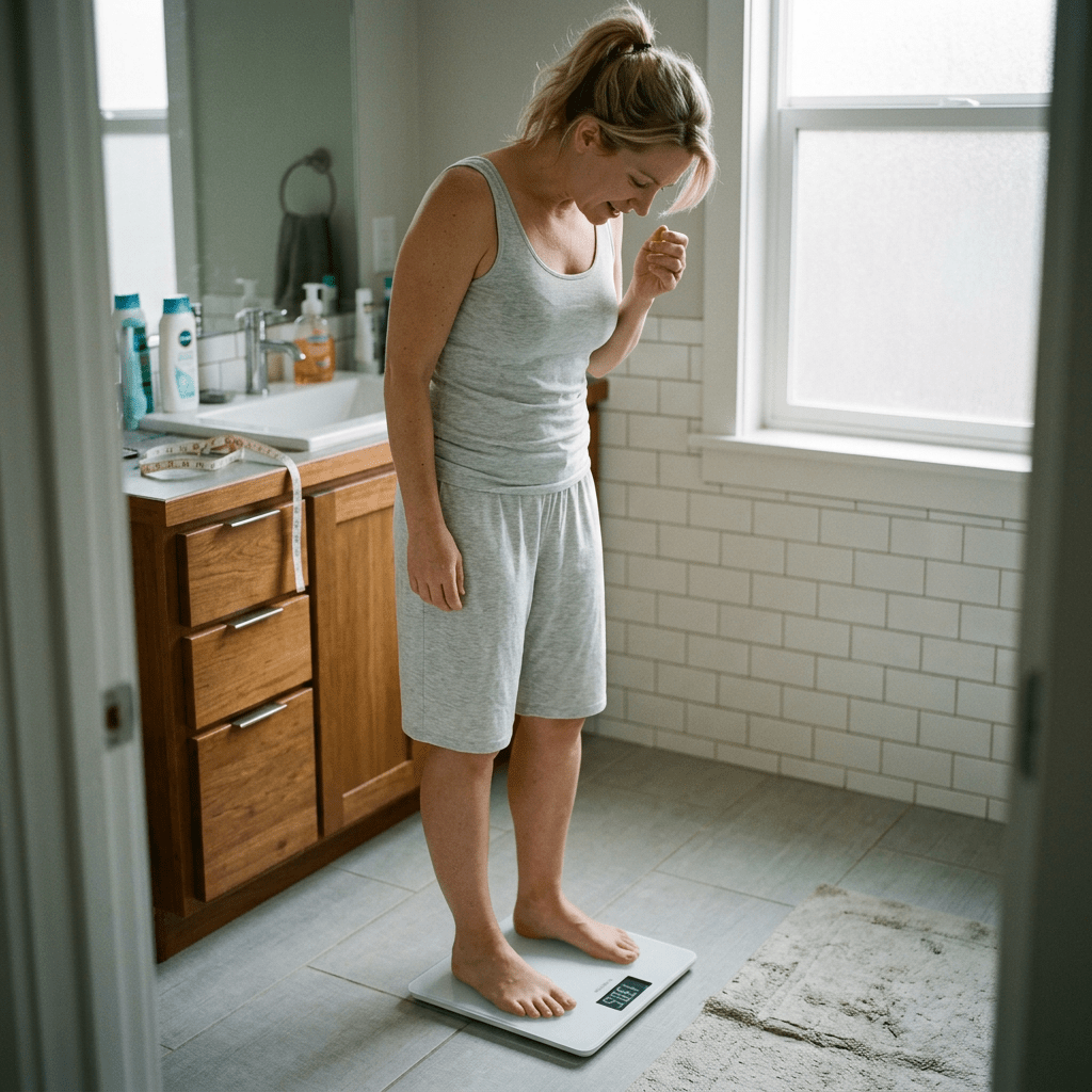 Woman in casual clothes standing barefoot on a digital scale in a bathroom