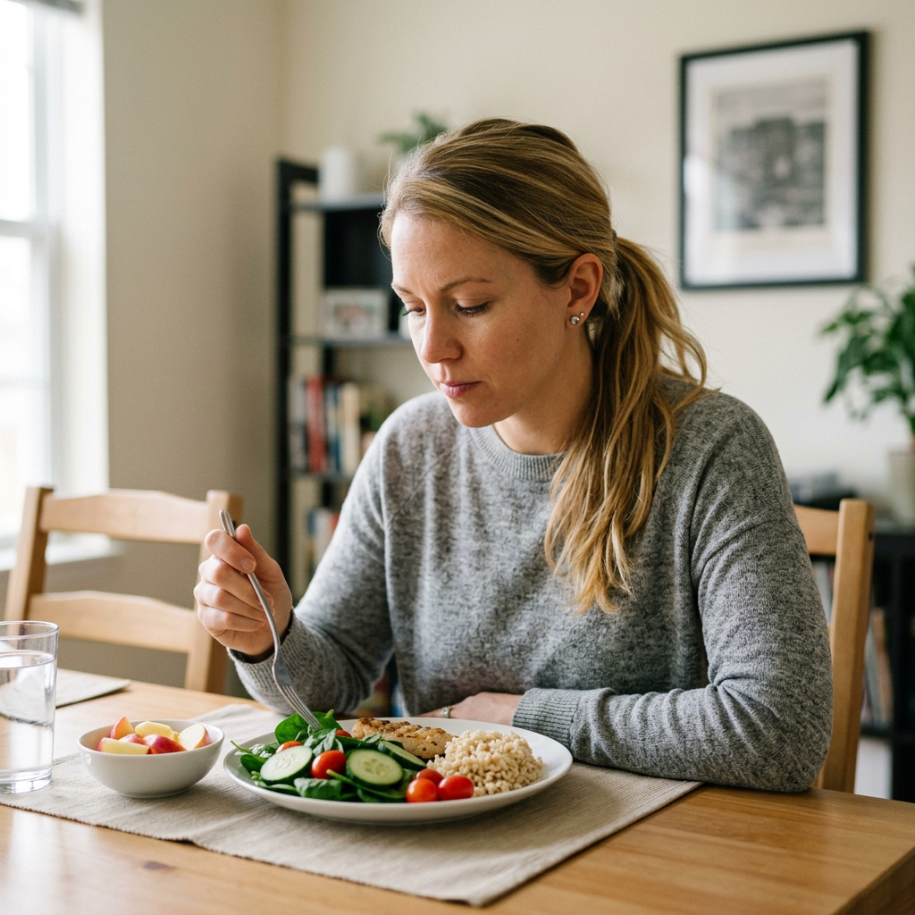 Woman eating a plate of salad, chicken, and grains at a wooden table