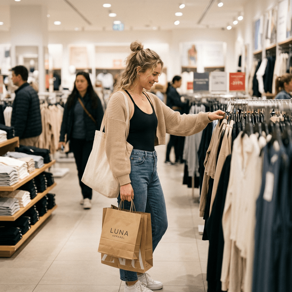 Woman browsing clothes on a rack in a retail clothing store while holding shopping bags
