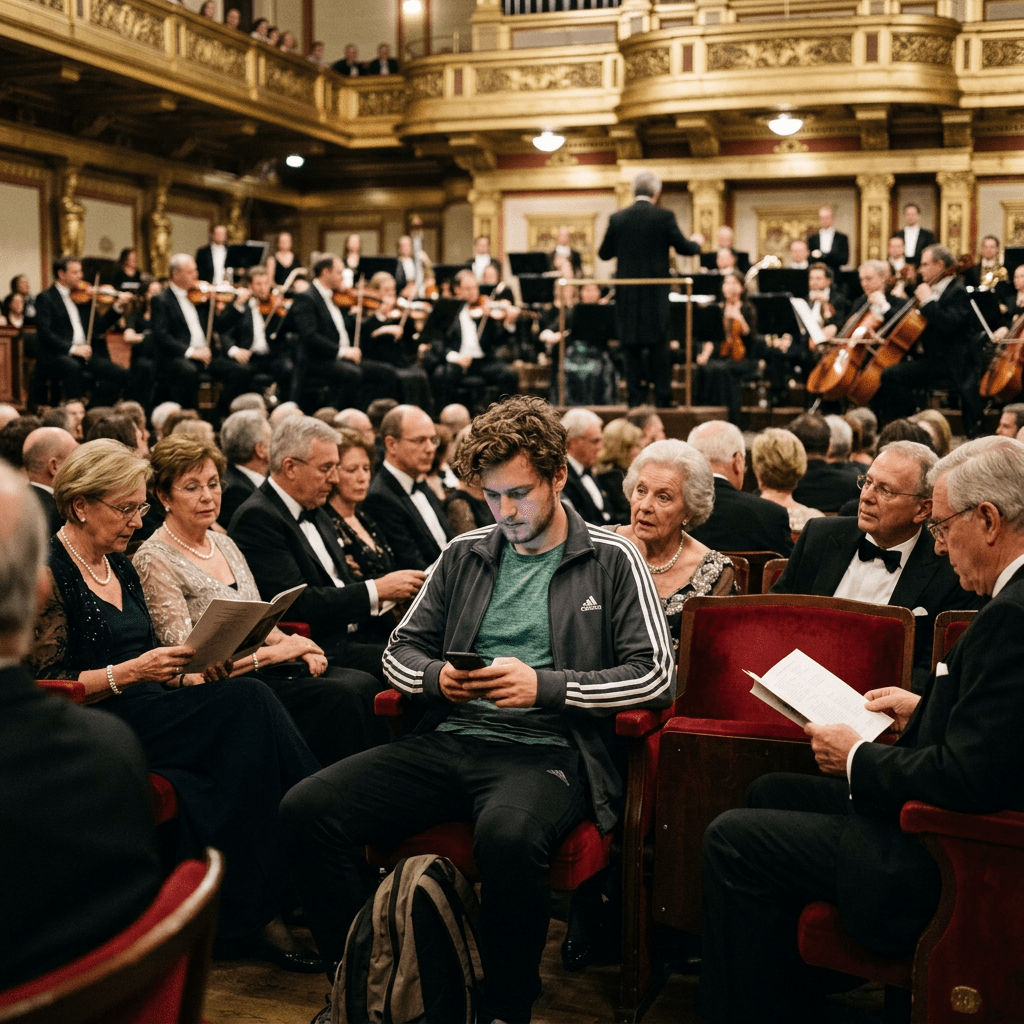 Young man in casual clothing using phone among formally dressed attendees at classical concert