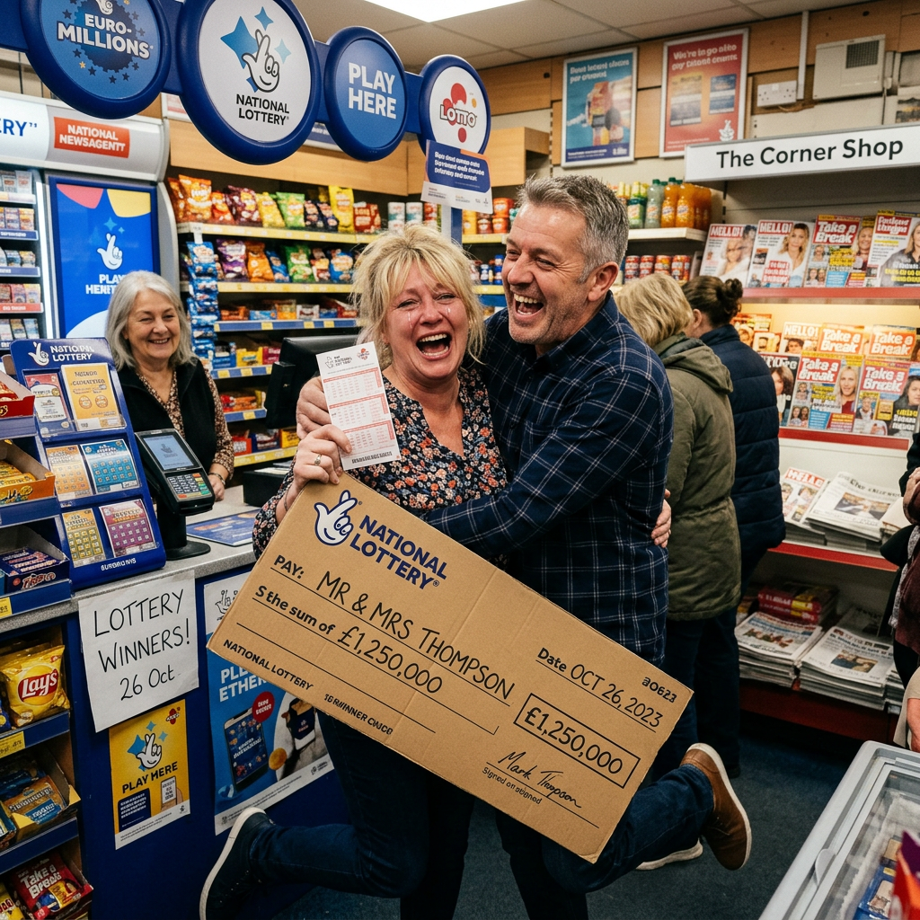 Couple smiling and hugging while holding a National Lottery cheque for £1.25 million in a corner shop